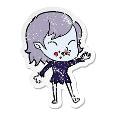 distressed sticker of a cartoon vampire girl with blood on cheek