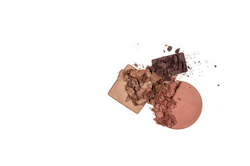 Broken color eye shadow palette isolated on white background. Ready preparation for your project. Horizontal, copy space.