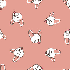 Vector cartoon character happy cute french bulldog seamless pattern background for design.