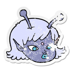 distressed sticker of a cartoon alien space girl face