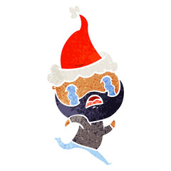 retro cartoon of a bearded man crying wearing santa hat