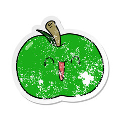 distressed sticker of a cartoon laughing apple