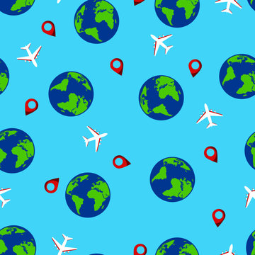 Seamless travel pattern with Earth and aircrafts on blue background. Vector tourist concept. Design for web page, fabric, wallpaper, textile, invitations, flyers, brochures.