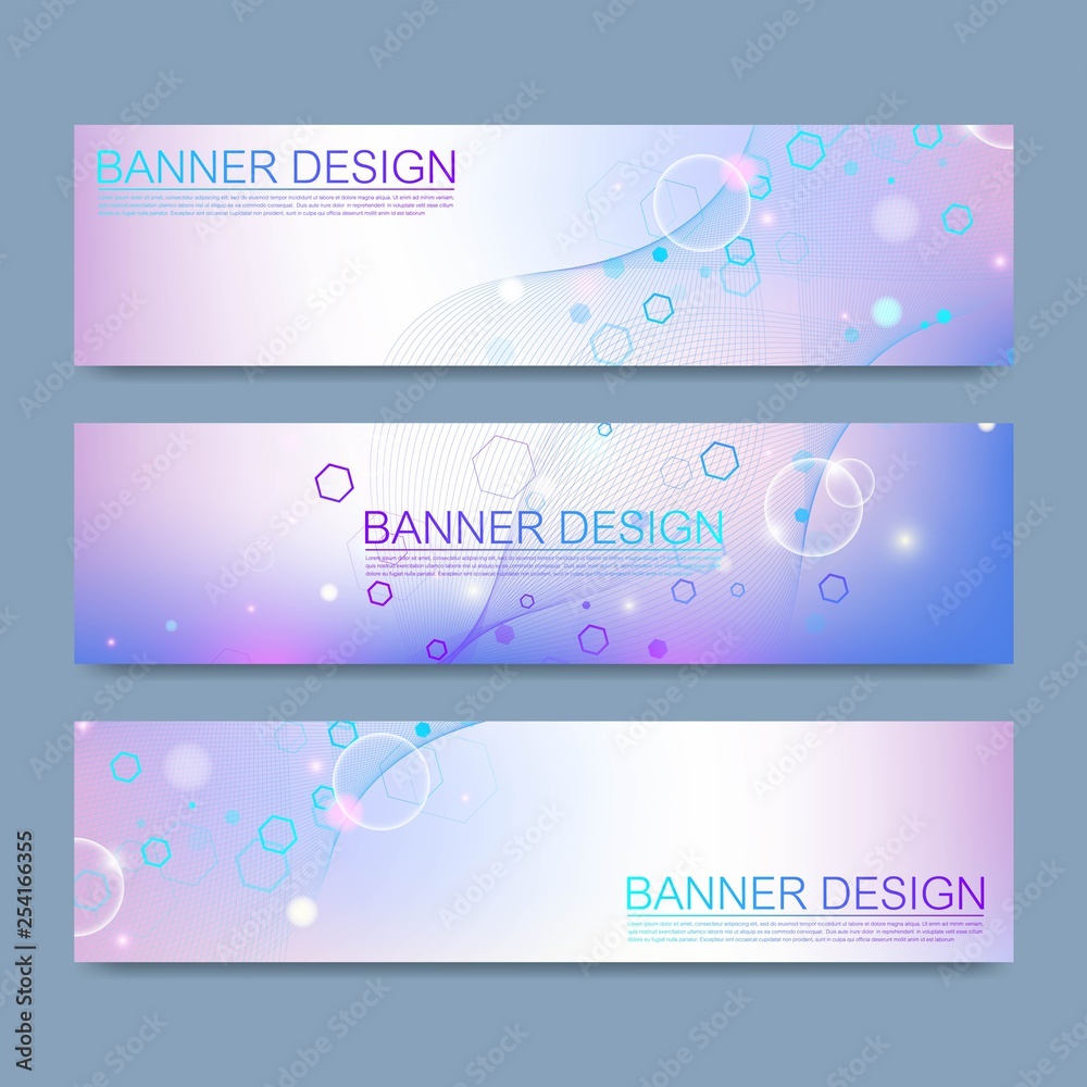 Poster Abstract molecules banners set with lines, dots, circles, polygons. Vector design network communication background. Futuristic digital science technology concept for web banner template or brochure.