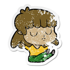distressed sticker of a cartoon indifferent woman sitting