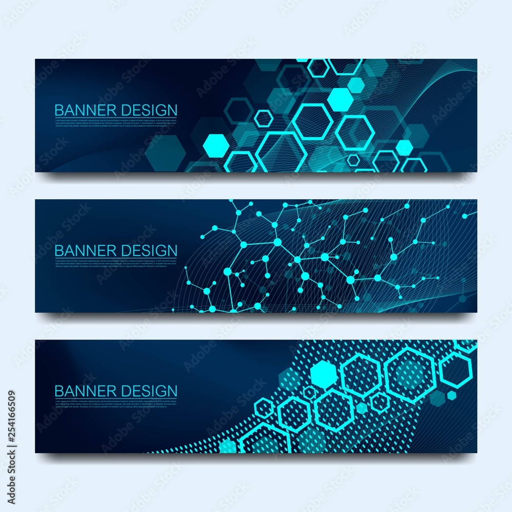 Poster Abstract molecules banners set with lines, dots, circles, polygons. Vector design network communication background. Futuristic digital science technology concept for web banner template or brochure.