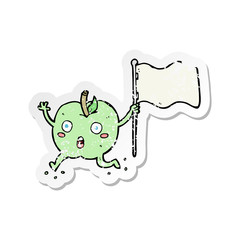 retro distressed sticker of a cartoon funny apple with flag