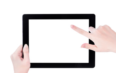 Young beautiful girl holding a black tablet pc template with white screen isolated on white background, close up, mock up, clipping path, cut out