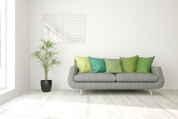 White stylish minimalist room with sofa. Scandinavian interior design. 3D illustration