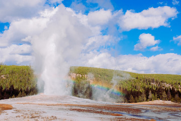 Rainbow in front of Old Faithful Spring