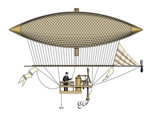 Vintage aerostat or zeppelin, isolated, engraving style vector illustration. © ledokol.ua