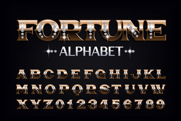 Fortune alphabet font. Vintage golden letters and numbers with diamond gemstones. Stock vector typescript for your design.