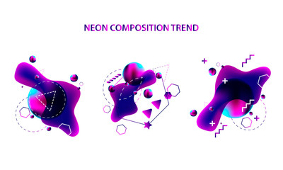 Modern geometric space lines retro neon volume abstract set white background violet banner trend art hipster style
