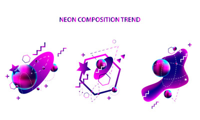 Modern geometric space lines retro neon volume abstract set white background violet banner trend art hipster style