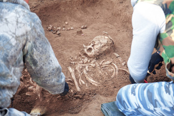 Archaeological excavations. Two archaeologists in a digger process. Close up hands with tools...