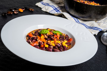 Chili corn carne on stone table