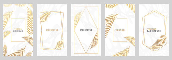 Vector design template in simple modern style with copy space for text and palm leaves  - wedding invitation backgrounds and frames,  social media stories wallpapers