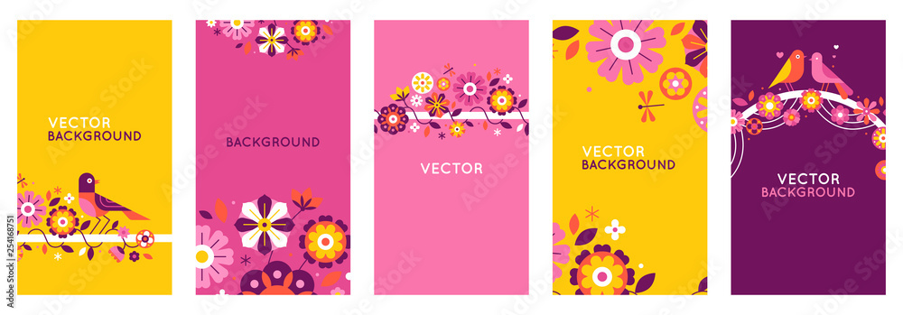 Poster Vector set of abstract creative backgrounds in minimal trendy style with copy space for text and geometric flowers - design templates for social media stories and posts - simple, stylish designs for i