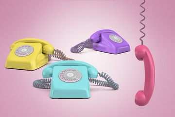 3d rendering of three telephones, purple, yellow and turquois, on a pink background with a pink receiver hanging on its wire.