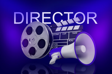 3d rendering of movie clapper, film reel and megaphone with DIRECTOR sign above on neon blue background