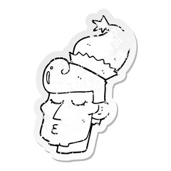 distressed sticker of a cartoon man wearing christmas hat