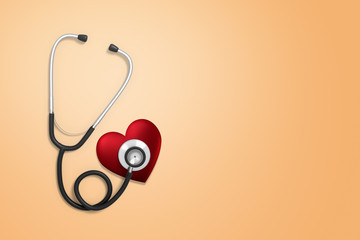 3d rendering of stethoscope with red heart on beige background