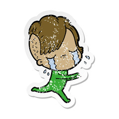 distressed sticker of a cartoon crying girl