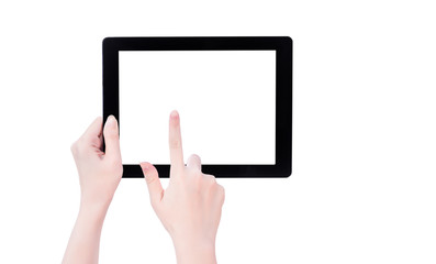 Young beautiful girl holding a black tablet pc template with white screen isolated on white background, close up, mock up, clipping path, cut out