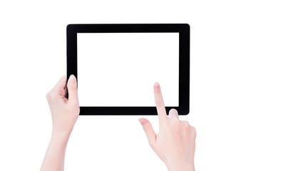 Young beautiful girl holding a black tablet pc template with white screen isolated on white background, close up, mock up, clipping path, cut out