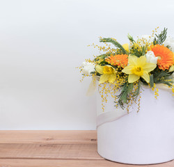 Colorful spring flowers bouquet. Narcissus, gerbera, tulip.