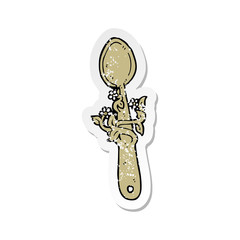 retro distressed sticker of a cartoon wooden spoon