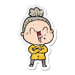 distressed sticker of a cartoon happy old woman