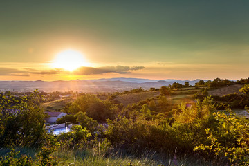 Hilly mediterranean landscape at sunset, south France, Europe