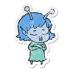 distressed sticker of a cute alien girl cartoon