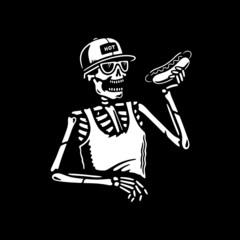 SKELETON EATING HOT DOG BLACK BACKGROUND