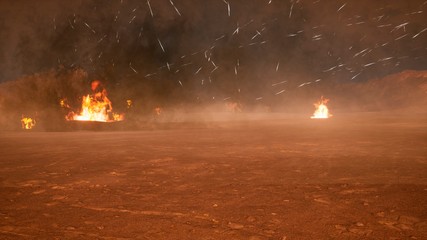 The battlefield in the smoke in the middle of explosions on an uncharted planet. 3D Rendering