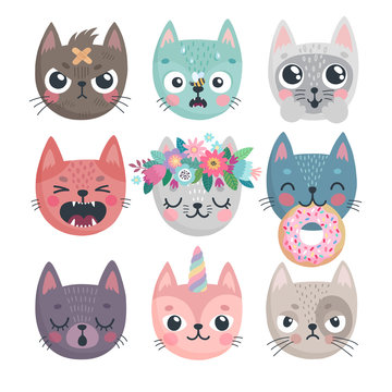 Cute kittens. Characters with different emotions - joy, anger, happines and others.