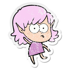 distressed sticker of a cartoon elf girl staring