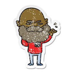 distressed sticker of a cartoon dismissive man with beard frowning
