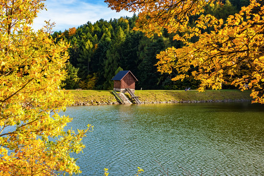 Beautiful view of small wooden house on bank of lake near forest during autumn