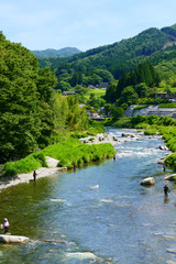 日本の夏の風物詩。アユの友釣りで賑わう気仙川。陸前高田　岩手　日本。７月上旬。