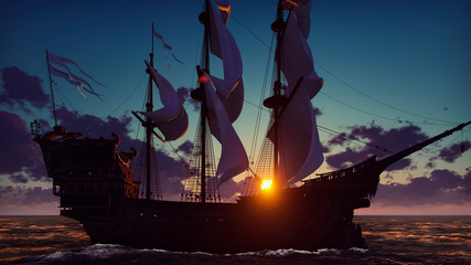 Large medieval ship on the sea on a sunrise. The old medieval ship gracefully sails in the open sea. 3D Rendering © designprojects