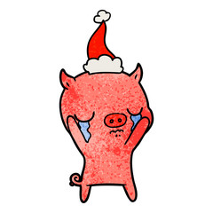textured cartoon of a pig crying wearing santa hat