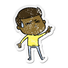 distressed sticker of a cartoon man sweating