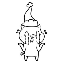 crying pig line drawing of a wearing santa hat