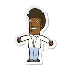 sticker of a cartoon grining man with open arms