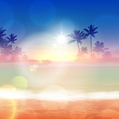Naklejka na ściany i meble Background with sea and palm trees. Sunset time.