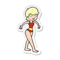 sticker of a cartoon happy woman in swimming costume