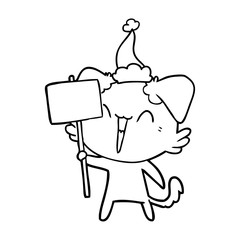 happy little line drawing of a dog holding sign wearing santa hat