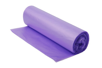 Purple plastic polyethylene trash bag roll isolated over the white background